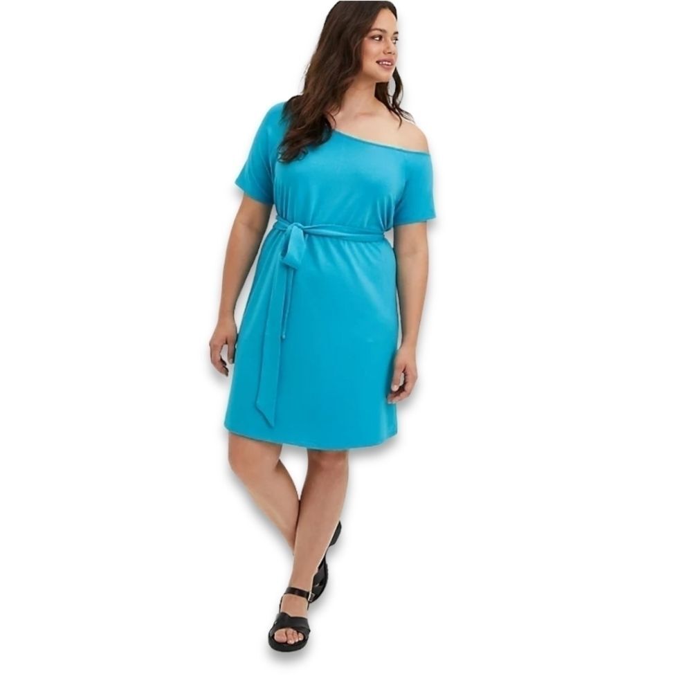 Torrid Mini French Terry Off-Shoulder Teal Tee Shirt Dress 1/1x